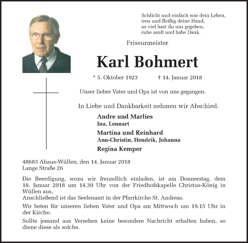  Traueranzeige für Karl Bohmert vom 16.01.2018 aus Münstersche Zeitung und Münsterland Zeitung