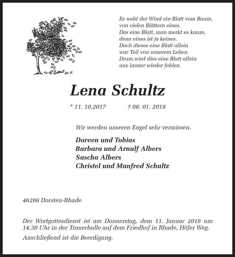  Traueranzeige für Lena Schultz vom 09.01.2018 aus Ruhr Nachrichten und Dorstener Zeitung
