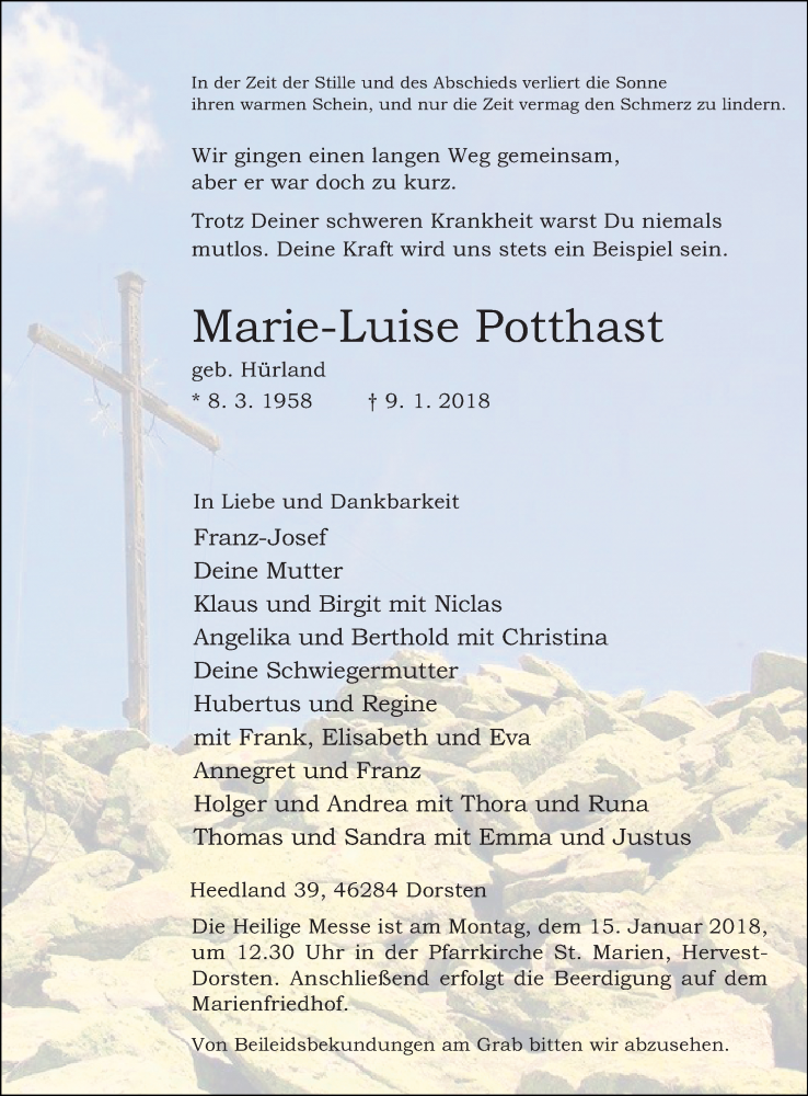  Traueranzeige für Marie-Luise Potthast vom 11.01.2018 aus Ruhr Nachrichten und Dorstener Zeitung