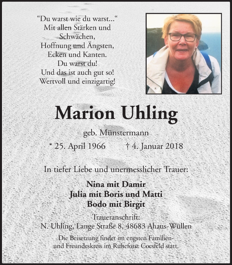  Traueranzeige für Marion Uhling vom 20.01.2018 aus Münstersche Zeitung und Münsterland Zeitung