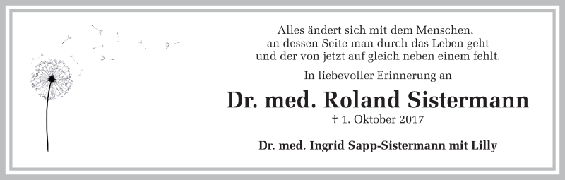  Traueranzeige für Roland Sistermann vom 01.10.2018 aus Ruhr Nachrichten