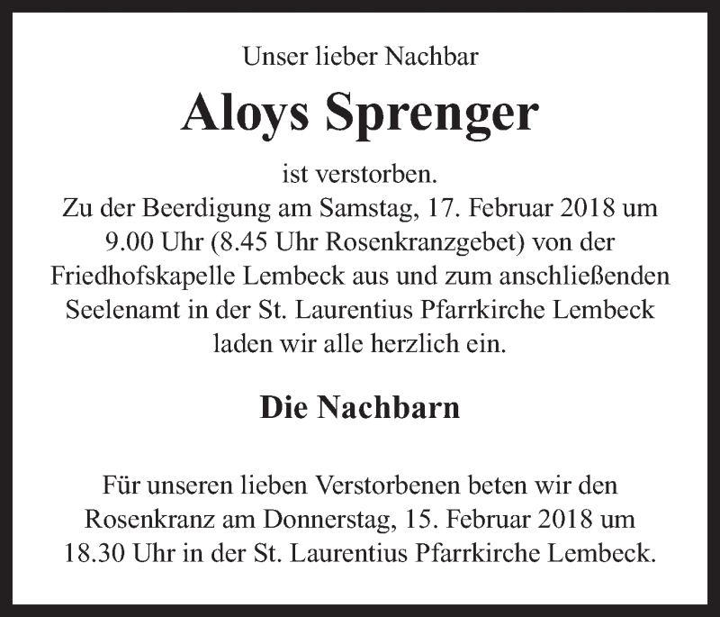 Traueranzeige für Aloys Sprenger vom 14.02.2018 aus Ruhr Nachrichten und Dorstener Zeitung