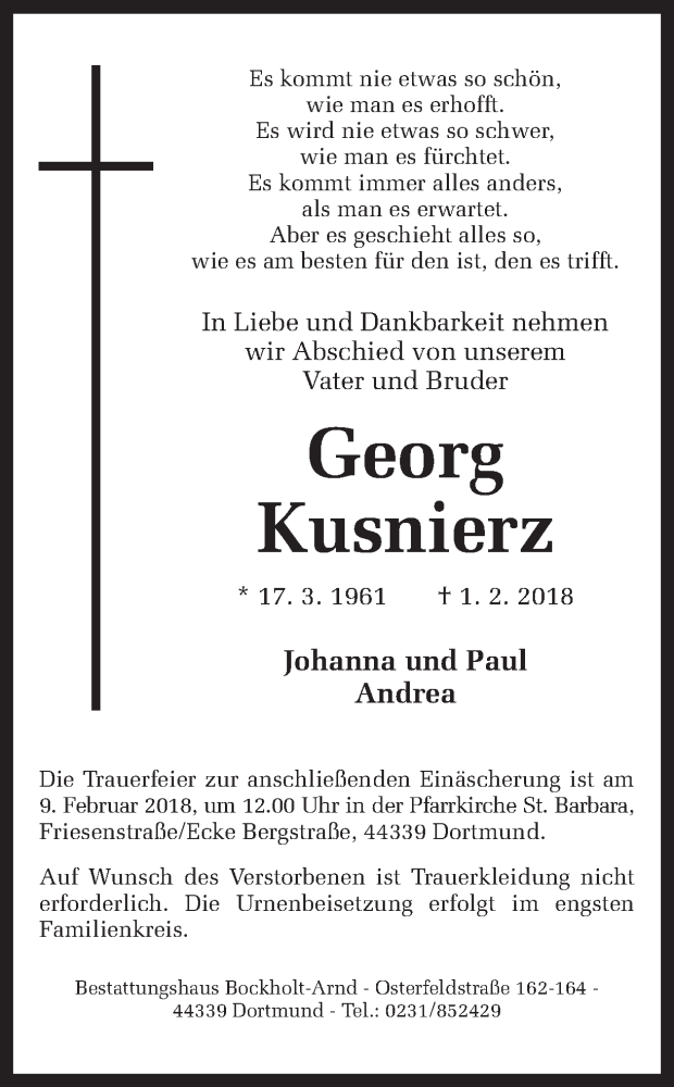  Traueranzeige für Georg Kusnierz vom 03.02.2018 aus Ruhr Nachrichten