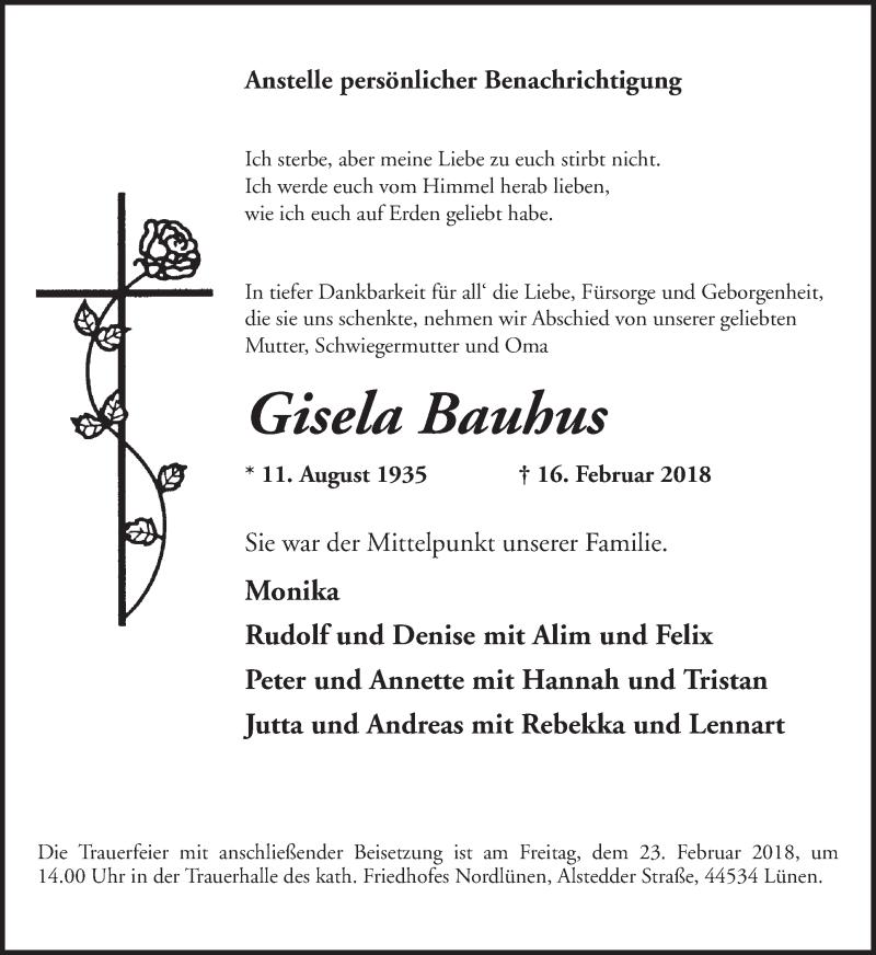  Traueranzeige für Gisela Bauhus vom 20.02.2018 aus Ruhr Nachrichten