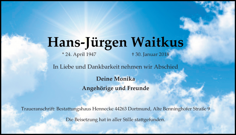  Traueranzeige für Hans-Jürgen Waitkus vom 17.02.2018 aus Ruhr Nachrichten