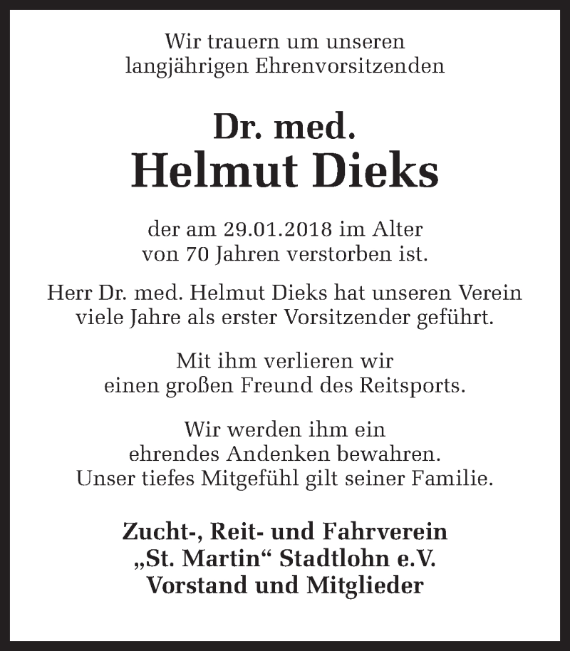  Traueranzeige für Helmut Dieks vom 02.02.2018 aus Münstersche Zeitung und Münsterland Zeitung