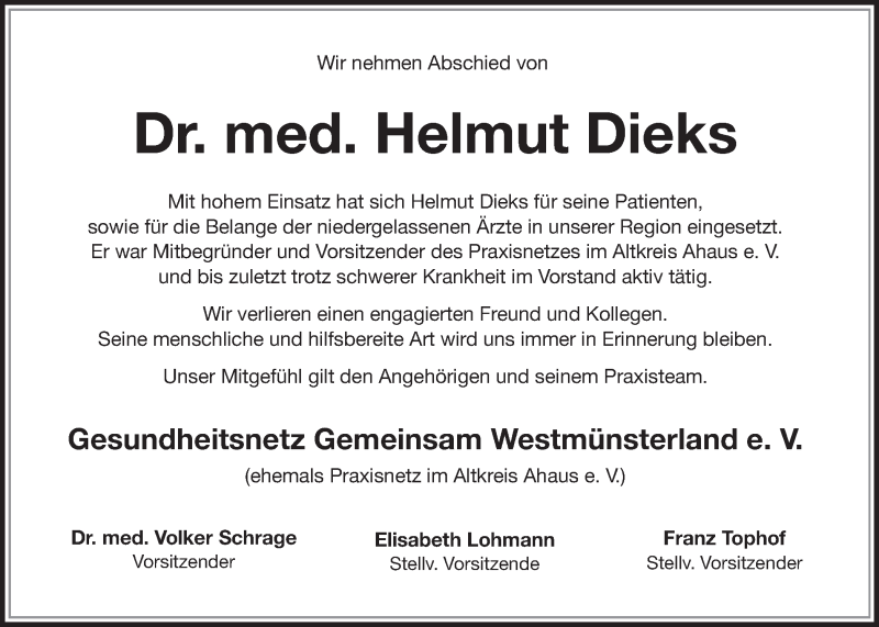  Traueranzeige für Helmut Dieks vom 02.02.2018 aus Münstersche Zeitung und Münsterland Zeitung