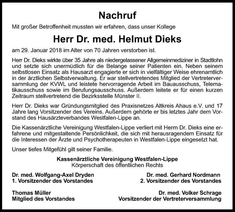  Traueranzeige für Helmut Dieks vom 07.02.2018 aus Münstersche Zeitung und Münsterland Zeitung