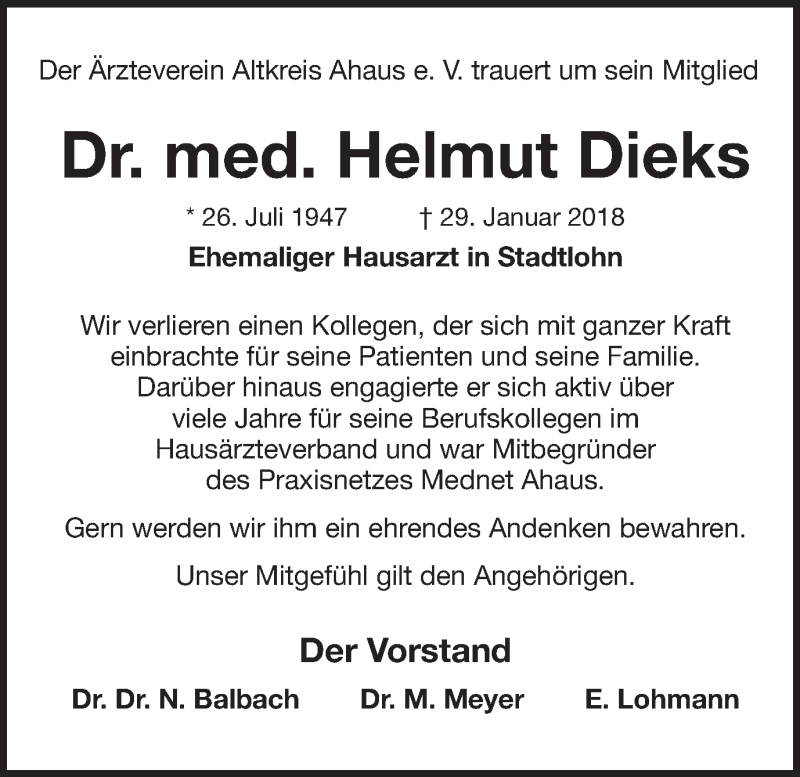  Traueranzeige für Helmut Dieks vom 03.02.2018 aus Münstersche Zeitung und Münsterland Zeitung