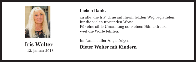  Traueranzeige für Iris Wolter vom 16.02.2018 aus Ruhr Nachrichten