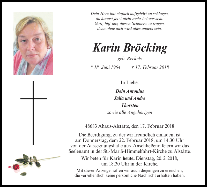  Traueranzeige für Karin Bröcking vom 20.02.2018 aus Münstersche Zeitung und Münsterland Zeitung