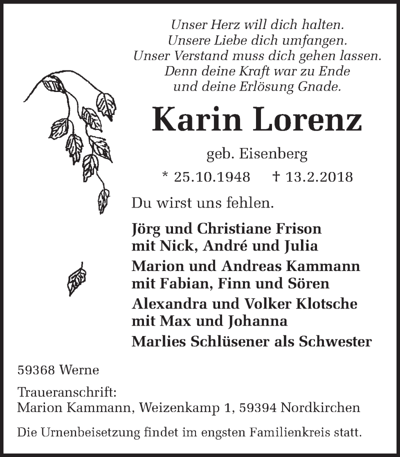  Traueranzeige für Karin Lorenz vom 17.02.2018 aus Ruhr Nachrichten