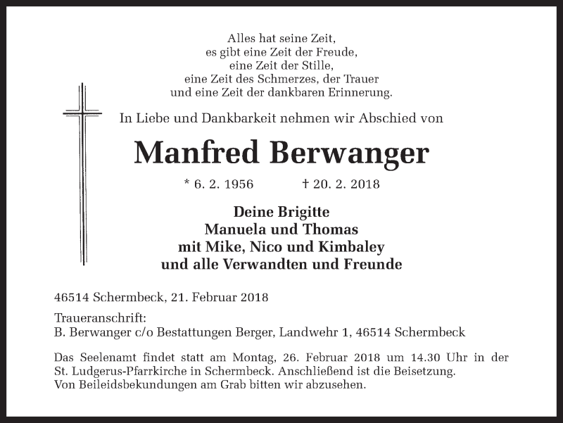  Traueranzeige für Manfred Berwanger vom 23.02.2018 aus Ruhr Nachrichten und Dorstener Zeitung