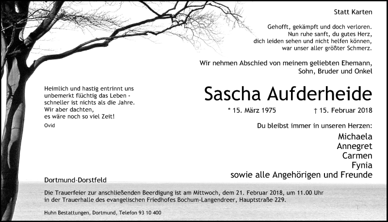  Traueranzeige für Sascha Aufderheide vom 17.02.2018 aus Ruhr Nachrichten