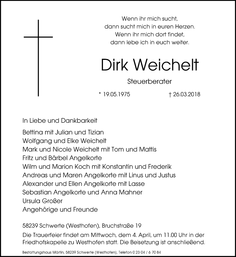  Traueranzeige für Dirk Weichelt vom 29.03.2018 aus Ruhr Nachrichten