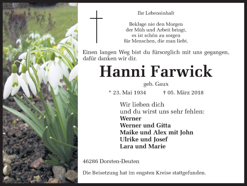  Traueranzeige für Hanni Farwick vom 10.03.2018 aus Ruhr Nachrichten und Dorstener Zeitung
