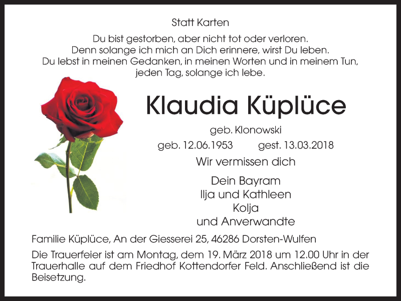  Traueranzeige für Klaudia Küplüce vom 16.03.2018 aus Ruhr Nachrichten und Dorstener Zeitung