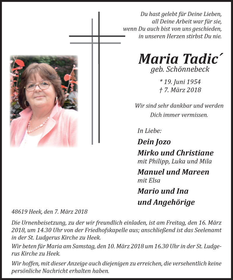  Traueranzeige für Maria Tadic vom 09.03.2018 aus Münstersche Zeitung und Münsterland Zeitung
