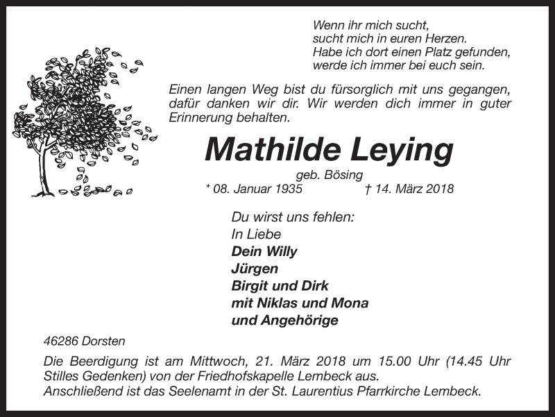  Traueranzeige für Mathilde Leying vom 16.03.2018 aus Ruhr Nachrichten und Dorstener Zeitung