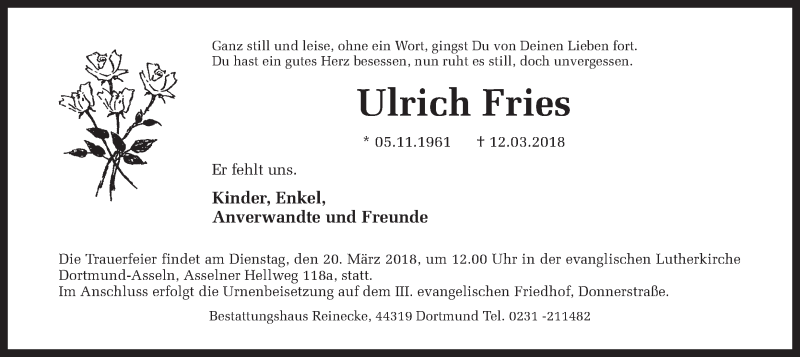  Traueranzeige für Ulrich Fries vom 17.03.2018 aus Ruhr Nachrichten