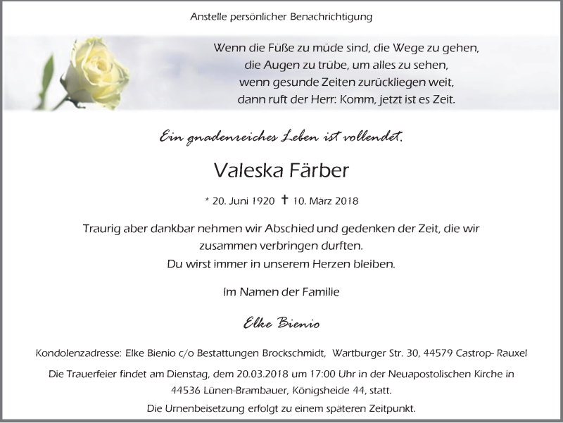  Traueranzeige für Valeska Färber vom 17.03.2018 aus Ruhr Nachrichten