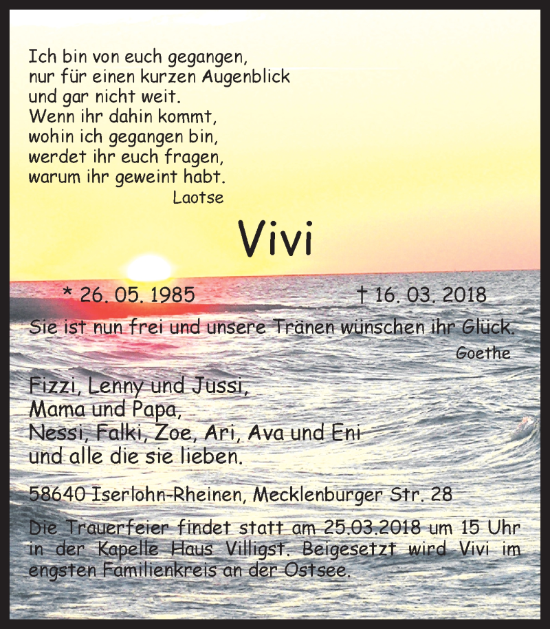  Traueranzeige für Vivi  vom 22.03.2018 aus Ruhr Nachrichten