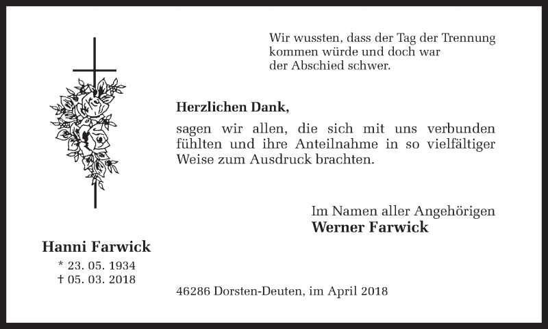  Traueranzeige für Hanni Farwick vom 05.04.2018 aus Ruhr Nachrichten und Dorstener Zeitung