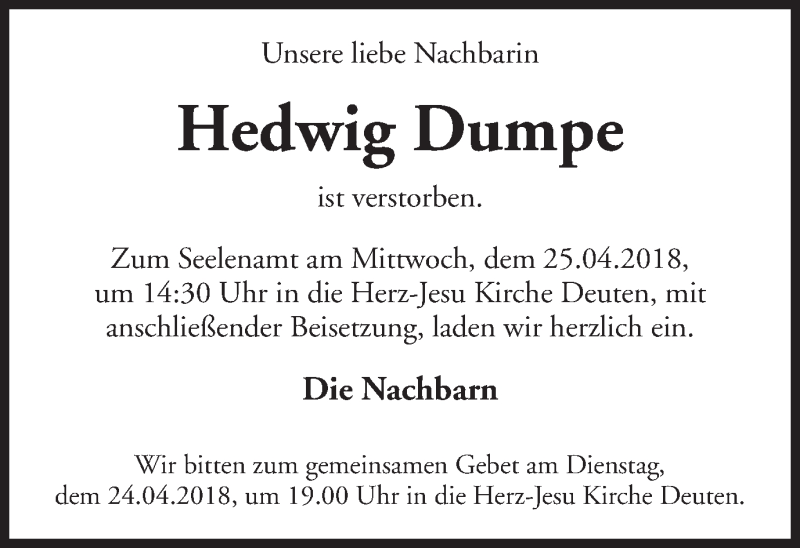  Traueranzeige für Hedwig Dumpe vom 24.04.2018 aus Ruhr Nachrichten und Dorstener Zeitung