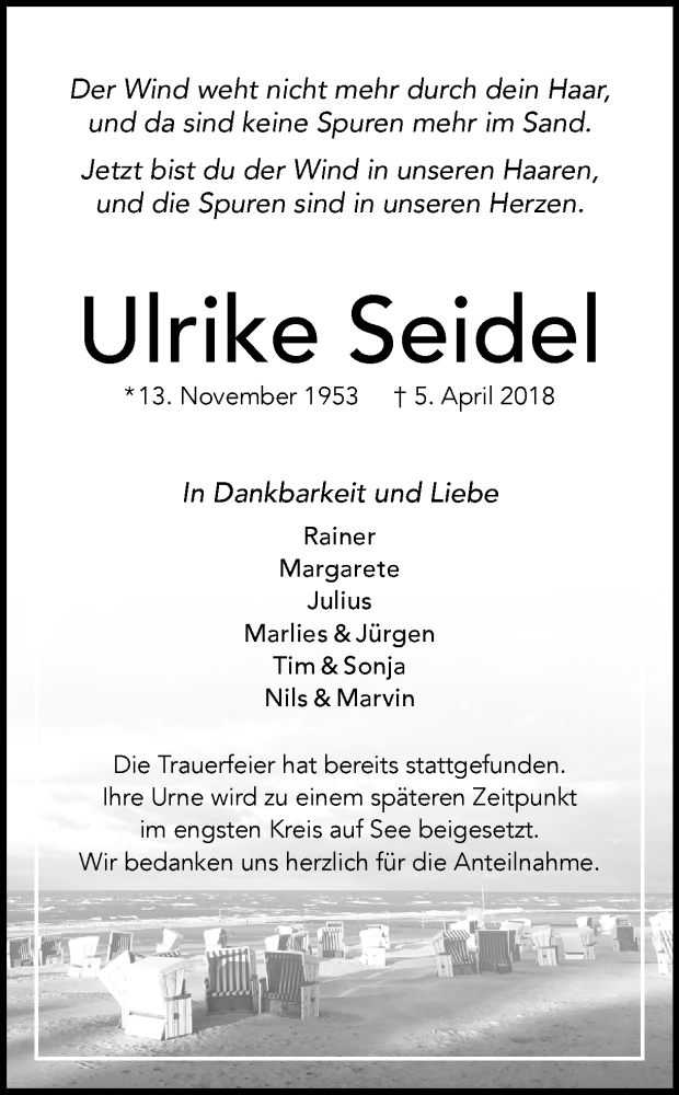  Traueranzeige für Ulrike Seidel vom 14.04.2018 aus Ruhr Nachrichten