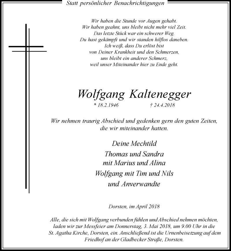  Traueranzeige für Wolfgang Kaltenegger vom 26.04.2018 aus Ruhr Nachrichten und Dorstener Zeitung
