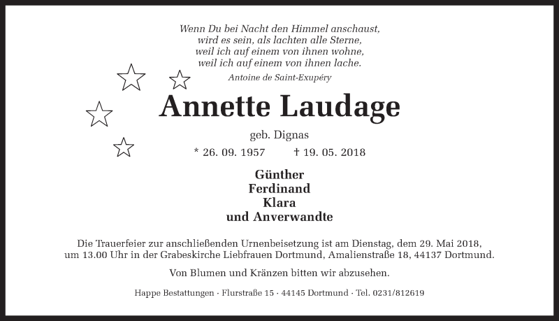  Traueranzeige für Annette Laudage vom 25.05.2018 aus Ruhr Nachrichten