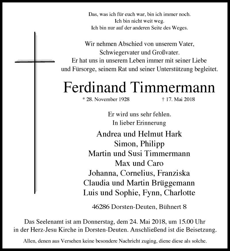  Traueranzeige für Ferdinand Timmermann vom 19.05.2018 aus Ruhr Nachrichten und Dorstener Zeitung
