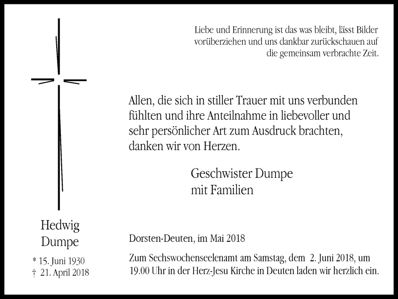  Traueranzeige für Hedwig Dumpe vom 30.05.2018 aus Ruhr Nachrichten und Dorstener Zeitung