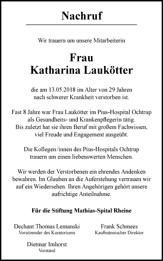  Traueranzeige für Katharina Laukötter vom 19.05.2018 aus Münstersche Zeitung und Münsterland Zeitung