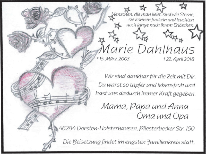  Traueranzeige für Marie Dahlhaus vom 09.05.2018 aus Ruhr Nachrichten und Dorstener Zeitung