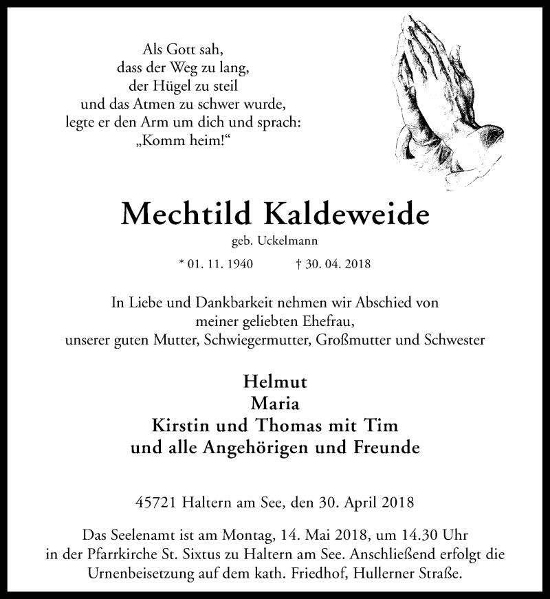  Traueranzeige für Mechtild Kaldeweide vom 09.05.2018 aus Ruhr Nachrichten und Halterner Zeitung