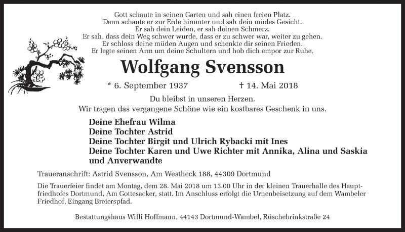  Traueranzeige für Wolfgang Svensson vom 19.05.2018 aus Ruhr Nachrichten