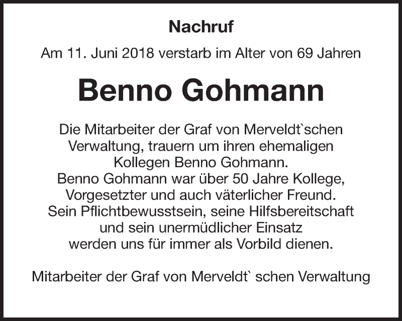  Traueranzeige für Benno Gohmann vom 18.06.2018 aus Ruhr Nachrichten und Dorstener Zeitung