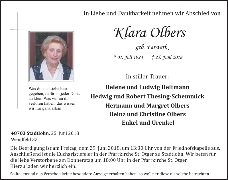  Traueranzeige für Klara Olbers vom 27.06.2018 aus Münstersche Zeitung und Münsterland Zeitung