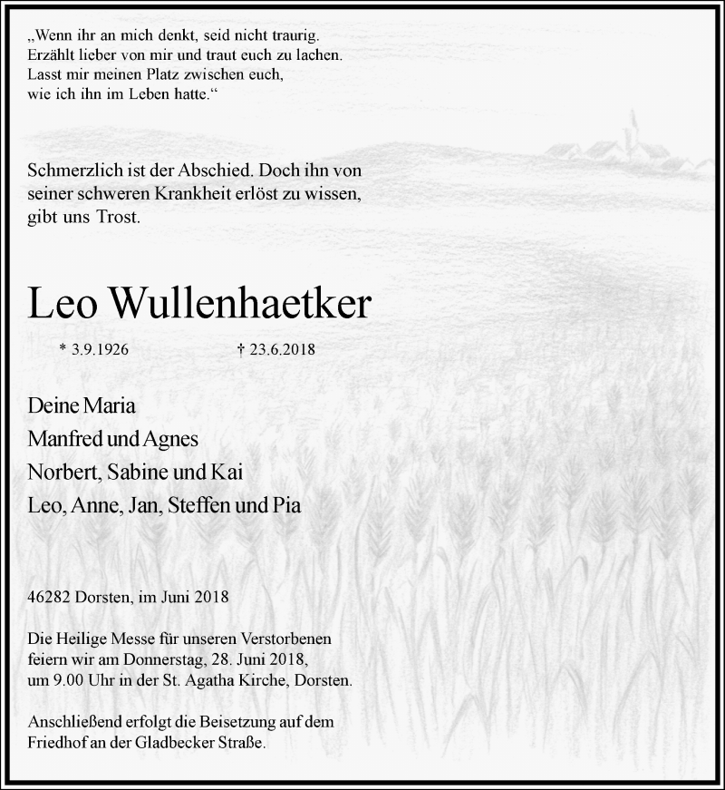  Traueranzeige für Leo Wullenhaetker vom 26.06.2018 aus Ruhr Nachrichten und Dorstener Zeitung