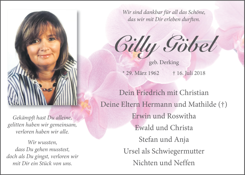  Traueranzeige für Cilly Göbel vom 19.07.2018 aus Münstersche Zeitung und Münsterland Zeitung