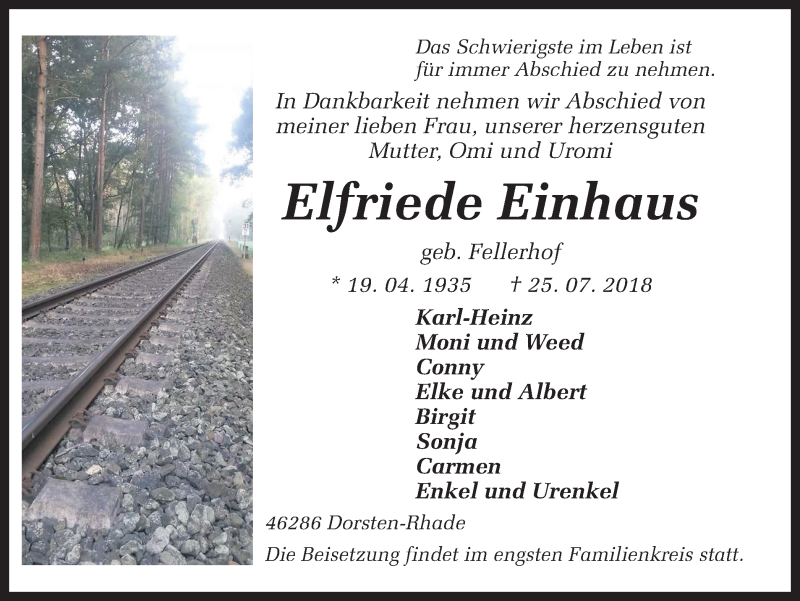  Traueranzeige für Elfriede Einhaus vom 28.07.2018 aus Ruhr Nachrichten und Dorstener Zeitung