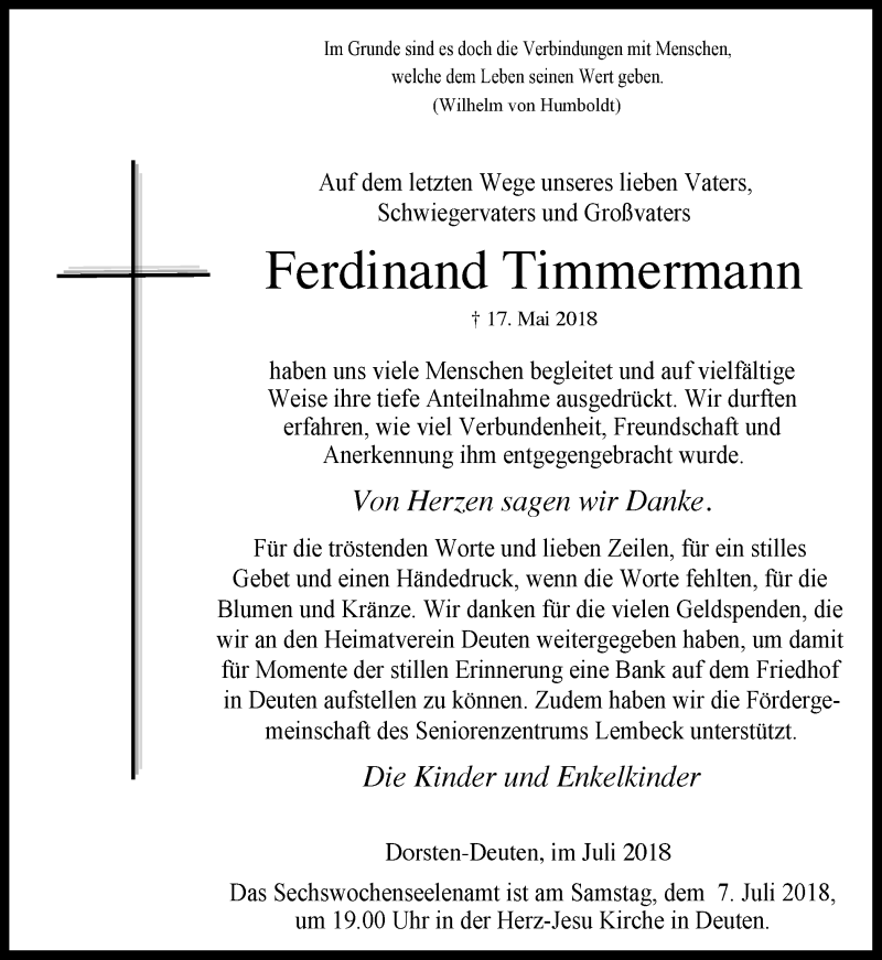  Traueranzeige für Ferdinand Timmermann vom 04.07.2018 aus Ruhr Nachrichten und Dorstener Zeitung