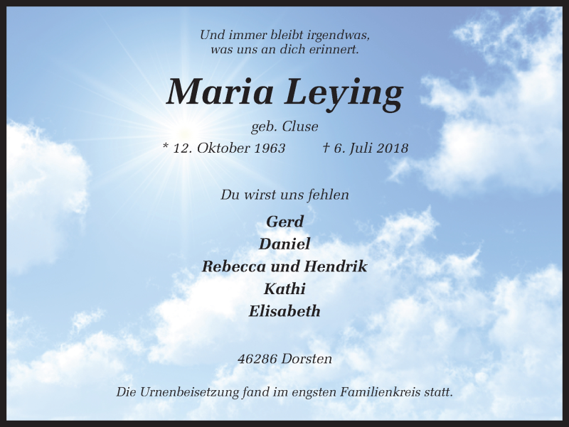  Traueranzeige für Maria Leying vom 16.07.2018 aus Ruhr Nachrichten und Dorstener Zeitung