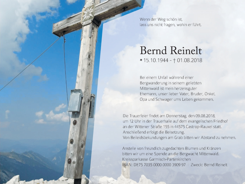  Traueranzeige für Bernd Reinelt vom 07.08.2018 aus Ruhr Nachrichten