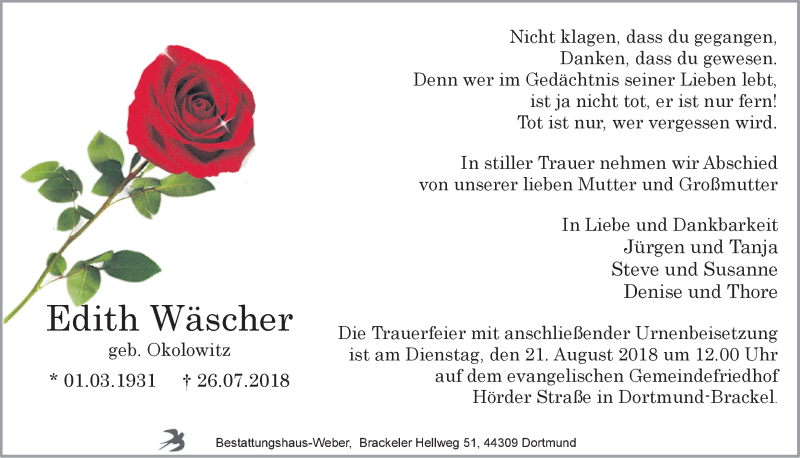  Traueranzeige für Edith Wäscher vom 15.08.2018 aus Ruhr Nachrichten