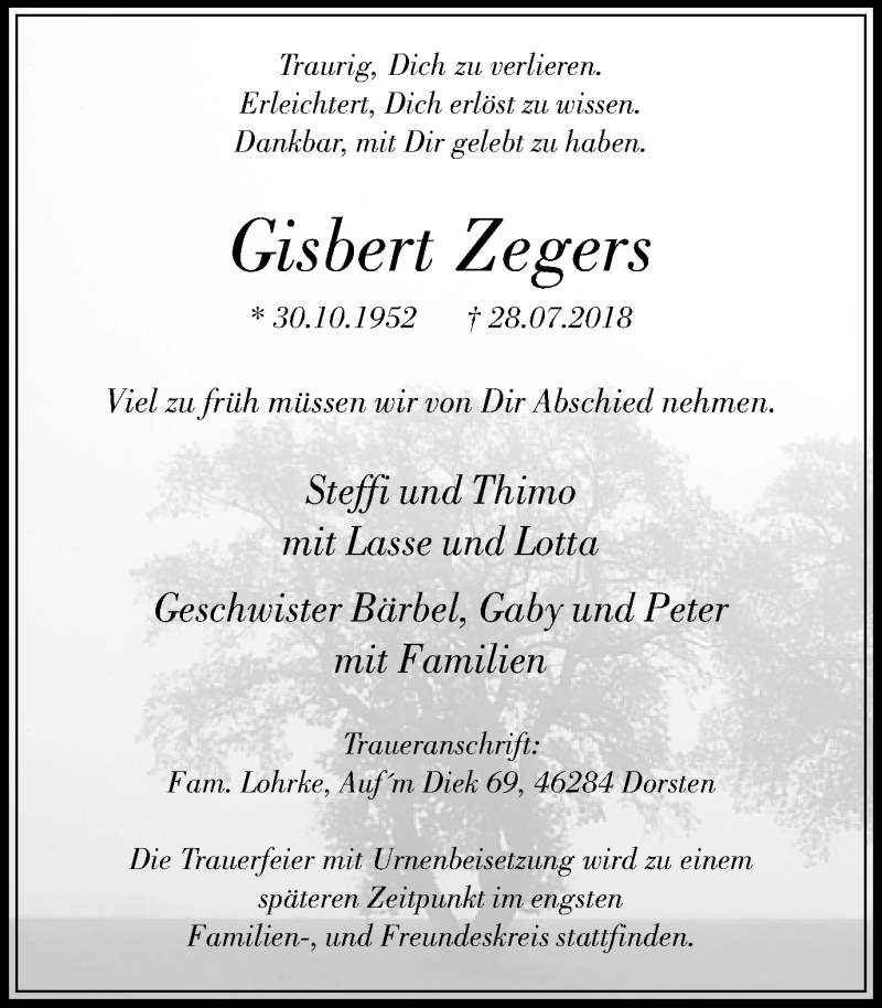  Traueranzeige für Gisbert Zegers vom 02.08.2018 aus Ruhr Nachrichten und Dorstener Zeitung