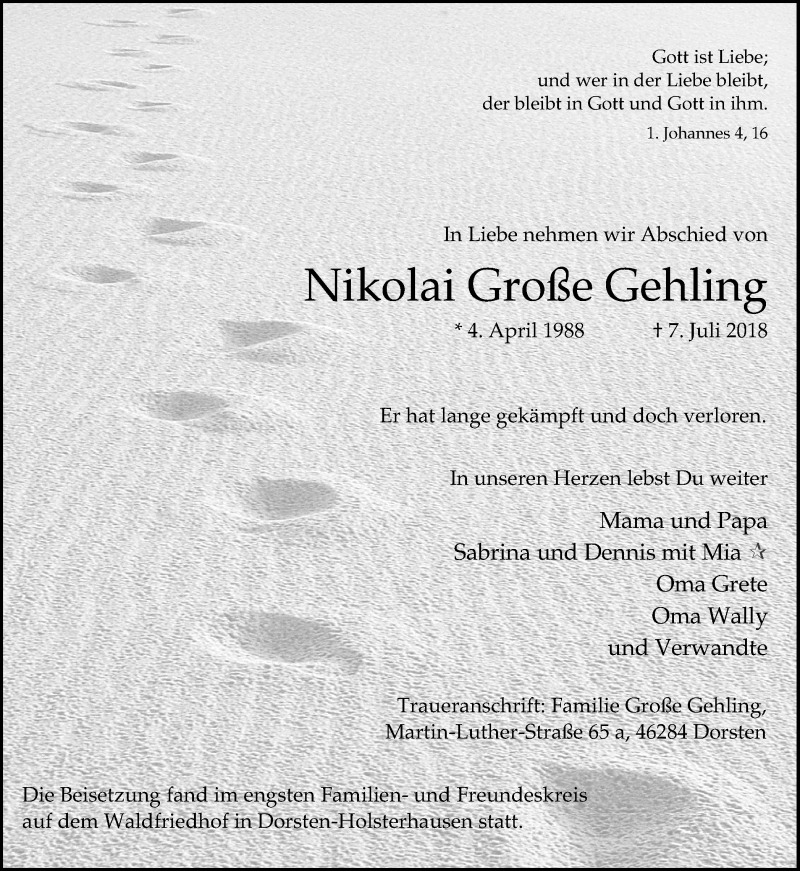  Traueranzeige für Nikolai Große Gehling vom 07.08.2018 aus Ruhr Nachrichten und Dorstener Zeitung
