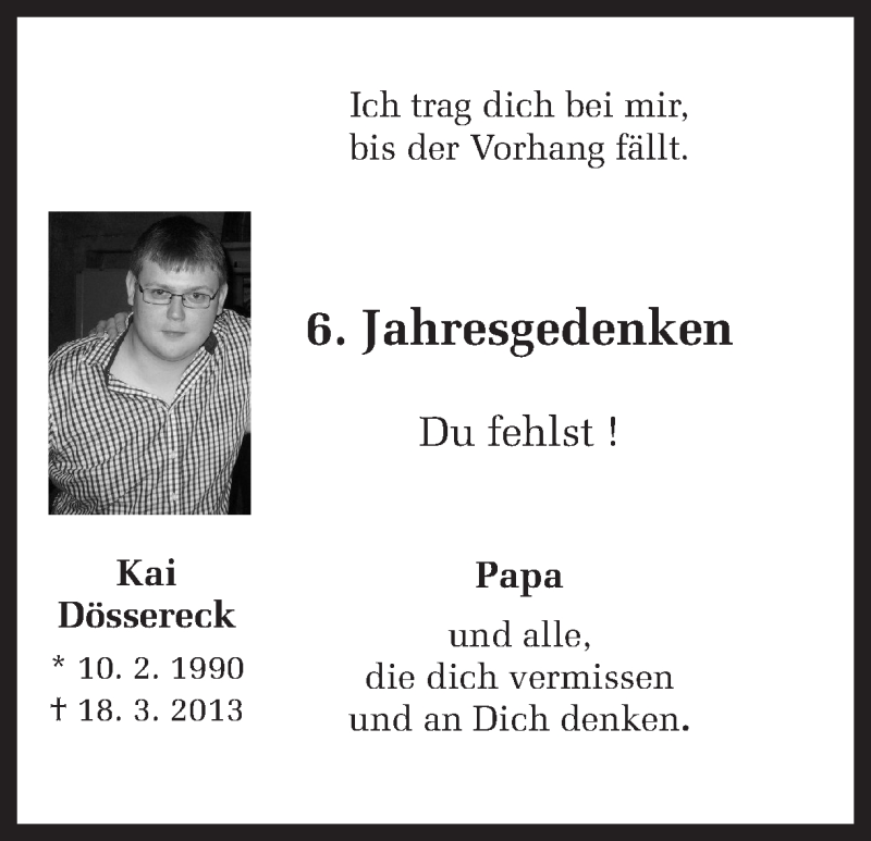  Traueranzeige für Kai Dössereck vom 18.03.2019 aus Ruhr Nachrichten