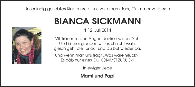  Traueranzeige für Bianca Sickmann vom 11.07.2015 aus Ruhr Nachrichten